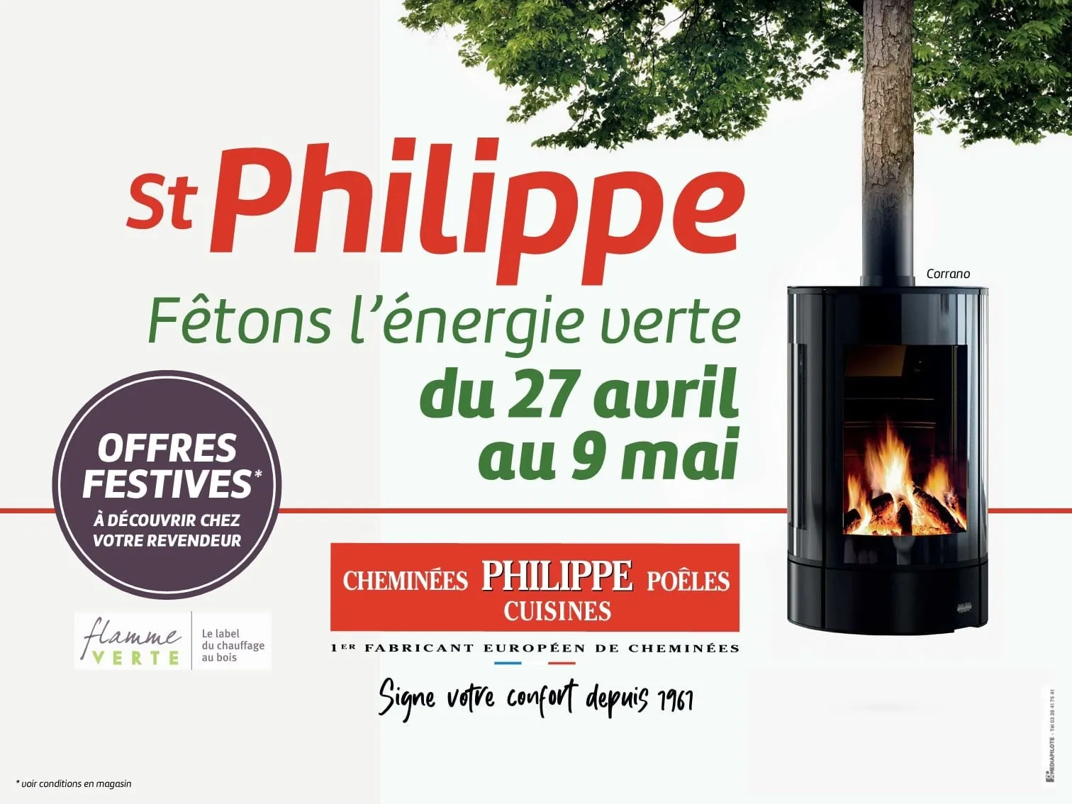 Ramonnement cheminée obligatoire : plaque et visuel publicitaire d’un appareil de chauffage au bois StPhilippe, énergie verte.